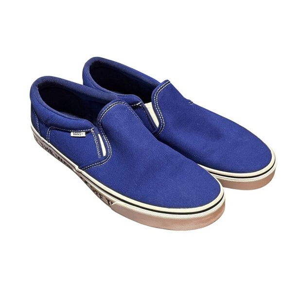 Vans Blue Slip-On Canvas Shoes With "Off The Wall" Sole Design mens size 13 - Picture 1 of 10